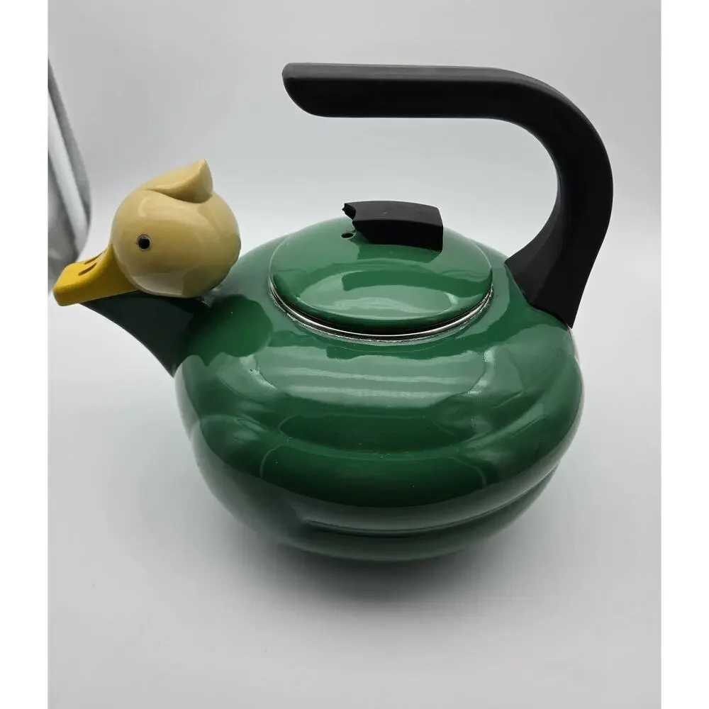 Vintage Kamenstein Green Enamelware Quackers Duck Whistling Tea Kettle Pot